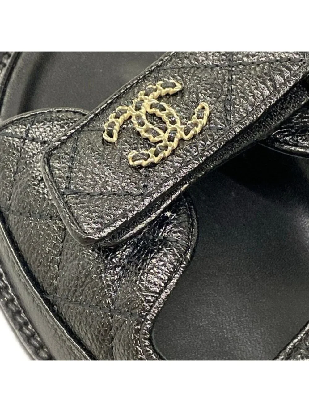 Chanel Sandals C Black Quilted CC Logo Gold Velcro